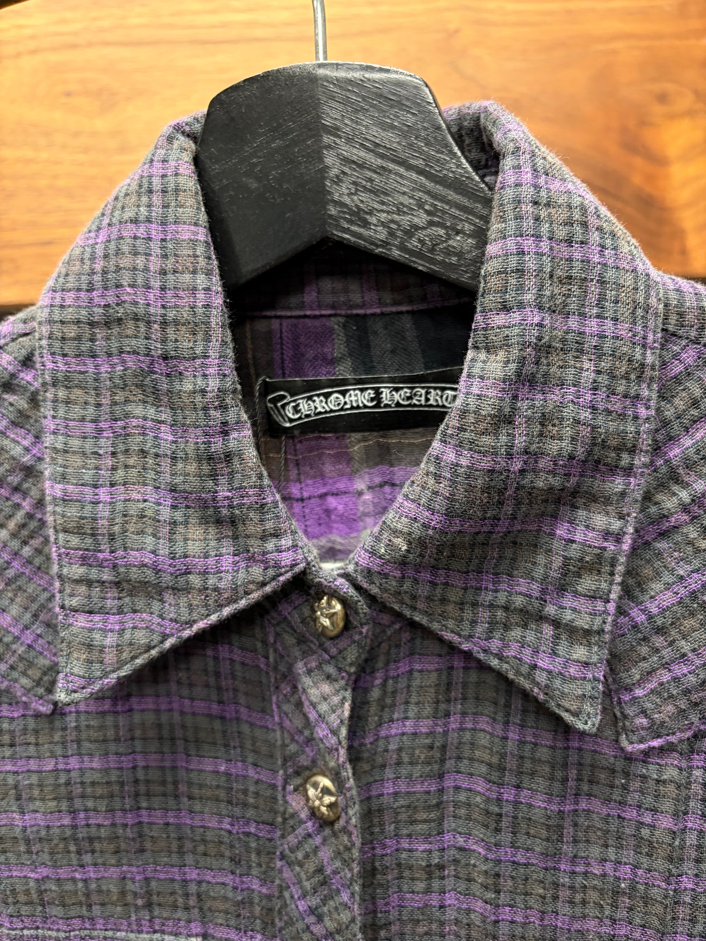 Chrome Hearts Purple Cross Patch Fleur-Back Purple Plaid Flannel Shirt