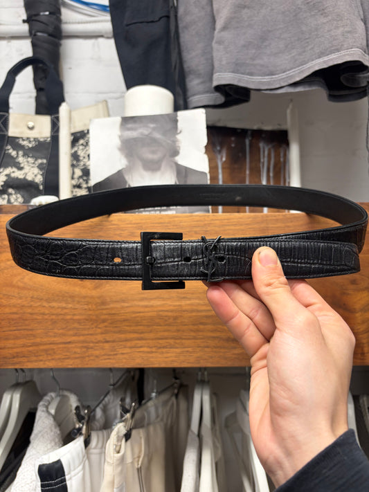 Saint Laurent Black Crocodile Embossed Leather ‘YSL’ Logo Minimal Belt