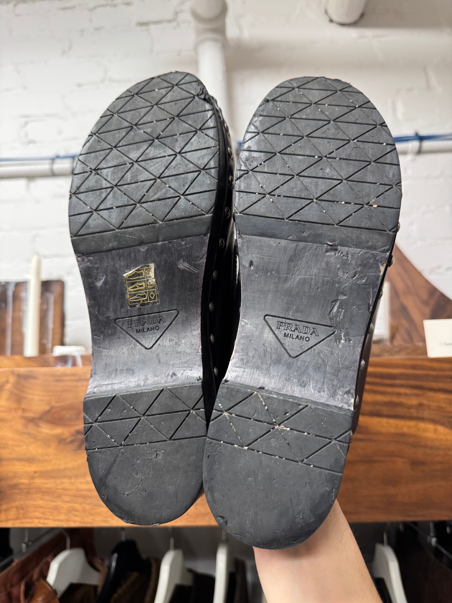 Prada Leather Studded Wood Sole Clogs