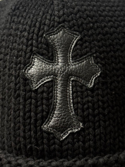 Chrome Hearts Cashmere Leather ‘Single Cross Patch’ Black Knit Beanie