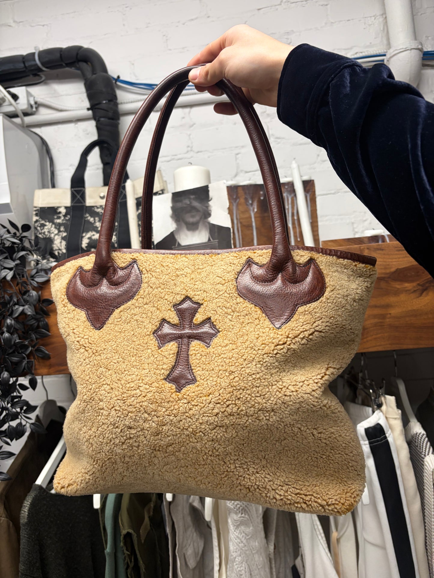 Chrome Hearts Shearling Leather Cross Patch Tote Bag