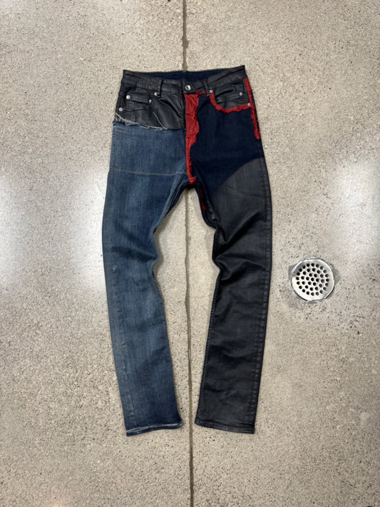 Rick Owens DRKSHDW Red/Black Waxed ‘Detroit’ Cut Hybrid Denim