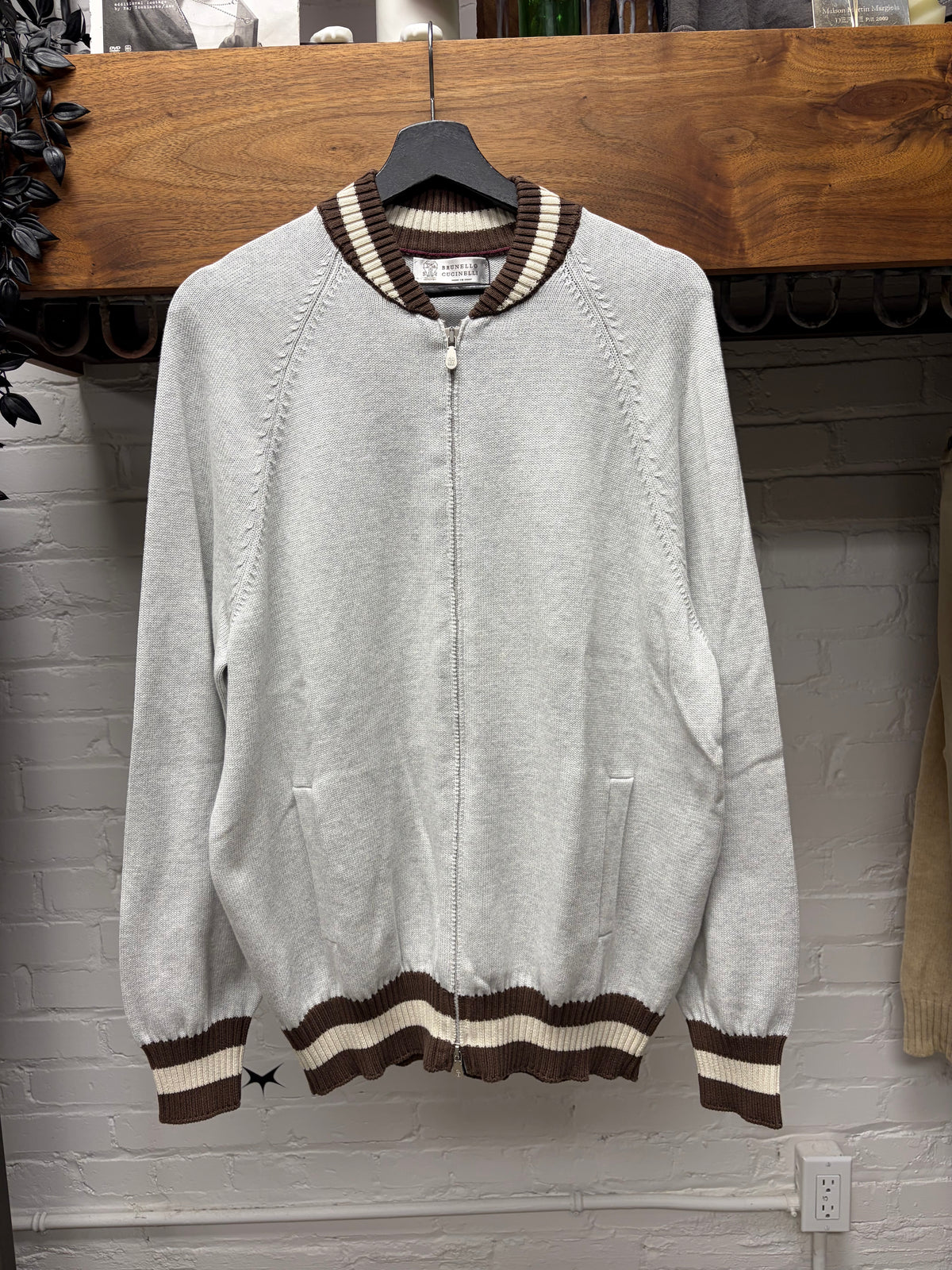 Brunello Cucinelli Grey/Brown Knit Zip-Up Bomber Jacket