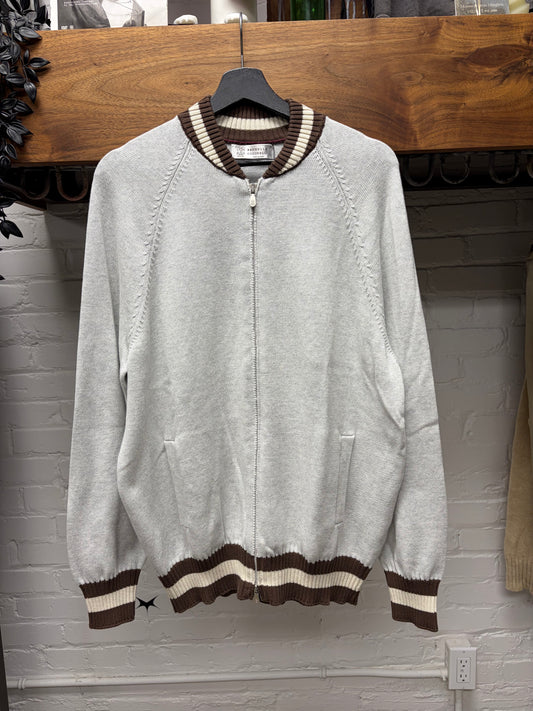 Brunello Cucinelli Grey/Brown Knit Zip-Up Bomber Jacket