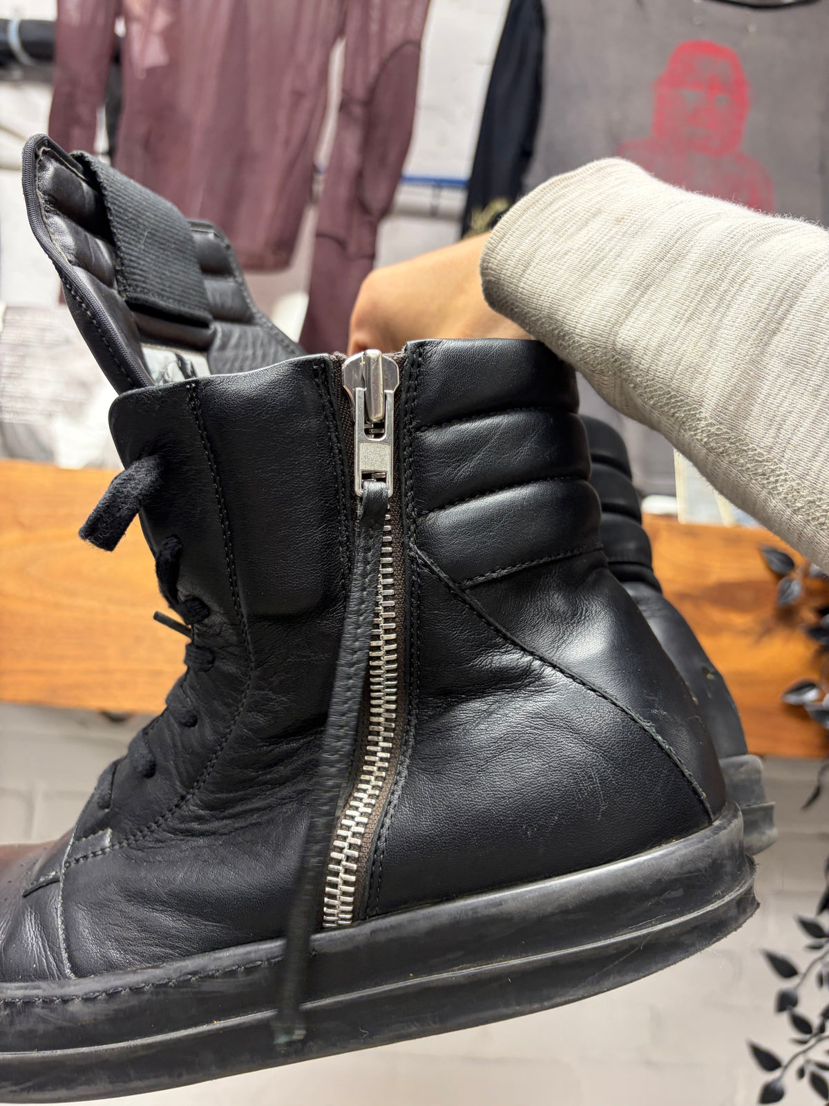 SS2016 Rick Owens ‘Cyclops’ Exposed Outside Zip ‘Geobasket’ Black Leather High Top Sneakers