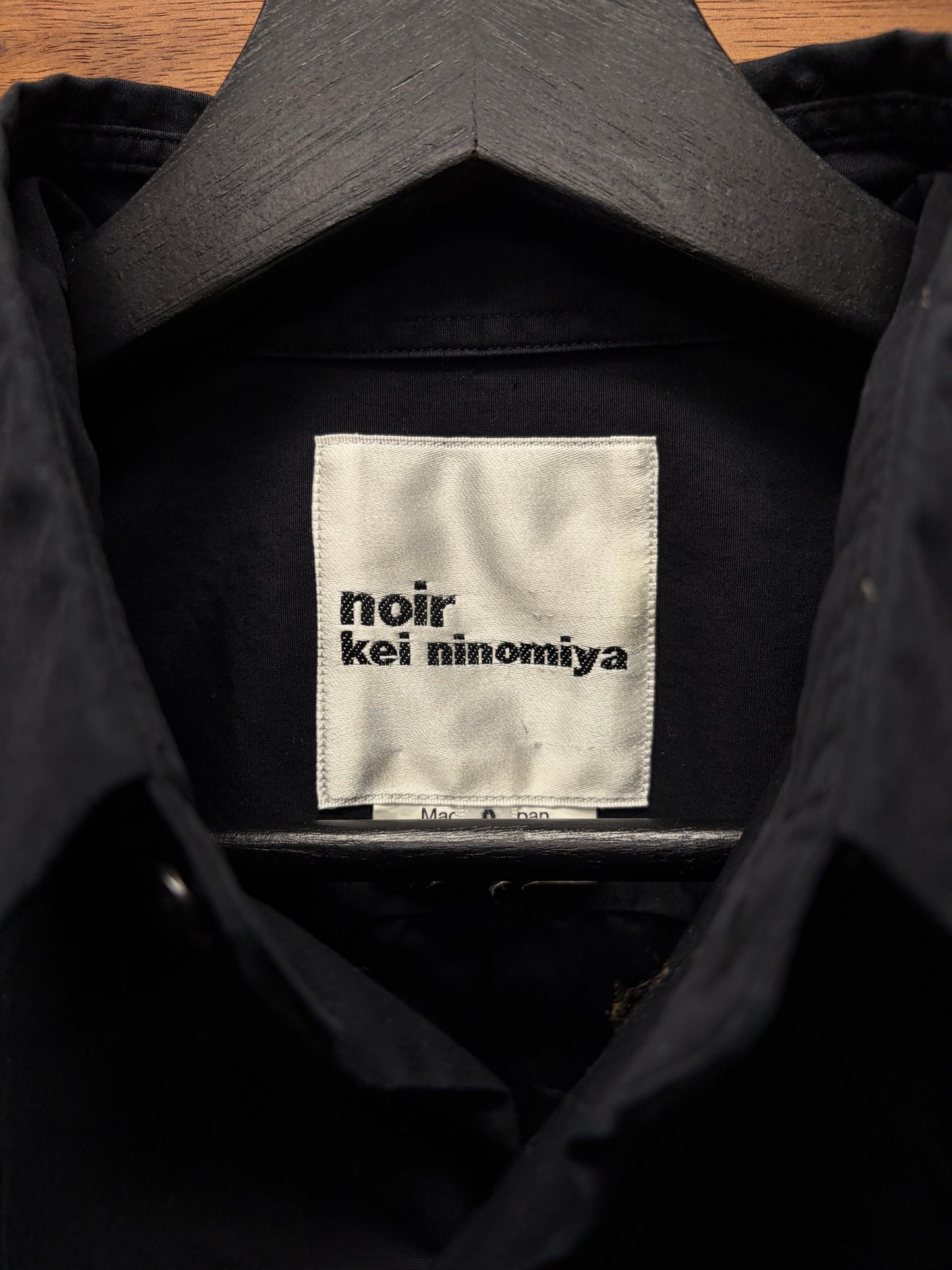 SS2017 Noir Kei Comme Des Garçons Black Collared Shirt with Leather Ruffled Sleeve Detailing