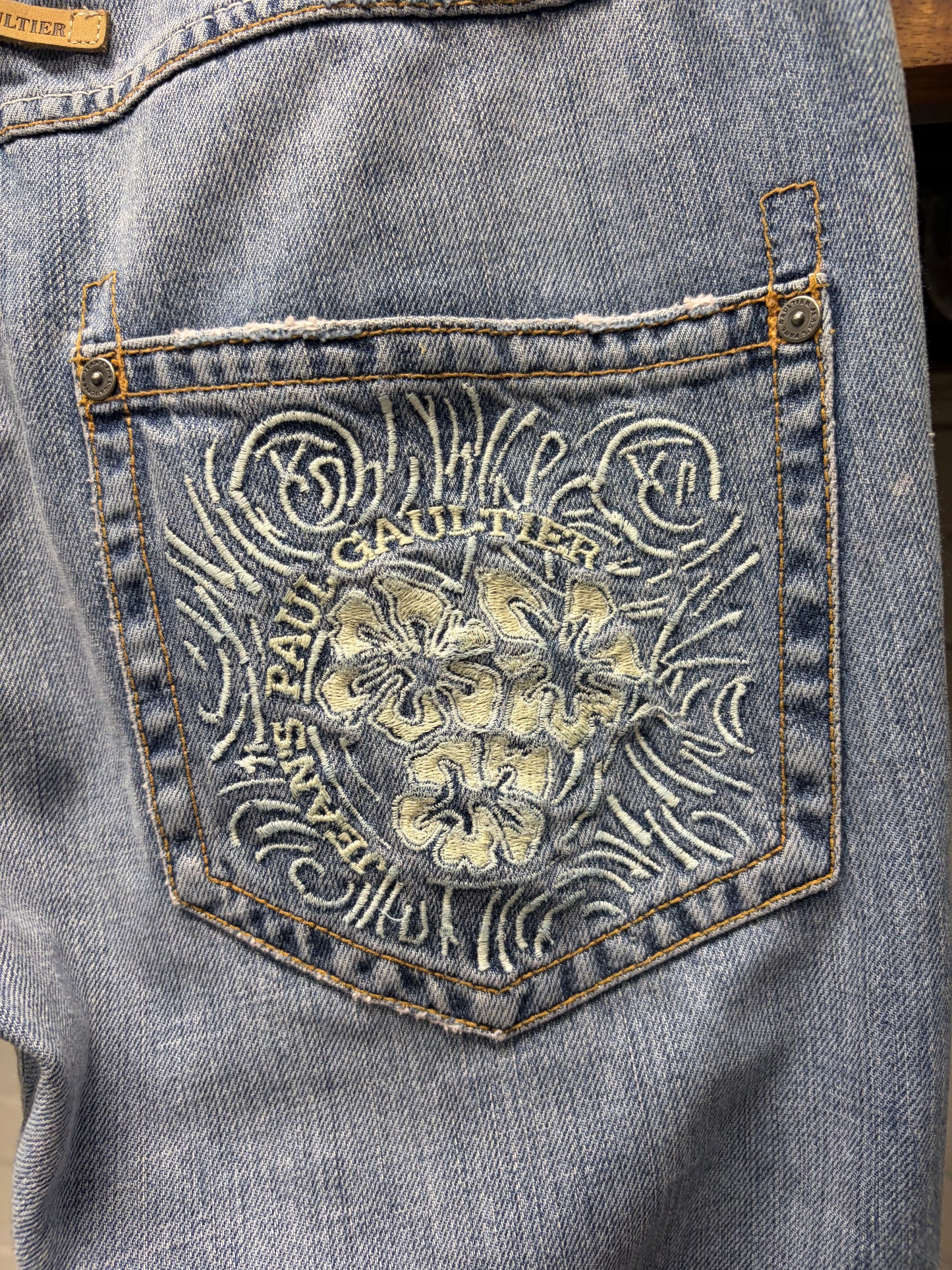 Vintage Jean Paul Gaultier ‘Floral Embroidery’ Light Wash Blue Straight Cut Denim