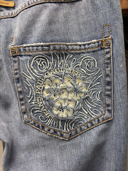 Vintage Jean Paul Gaultier ‘Floral Embroidery’ Light Wash Blue Straight Cut Denim