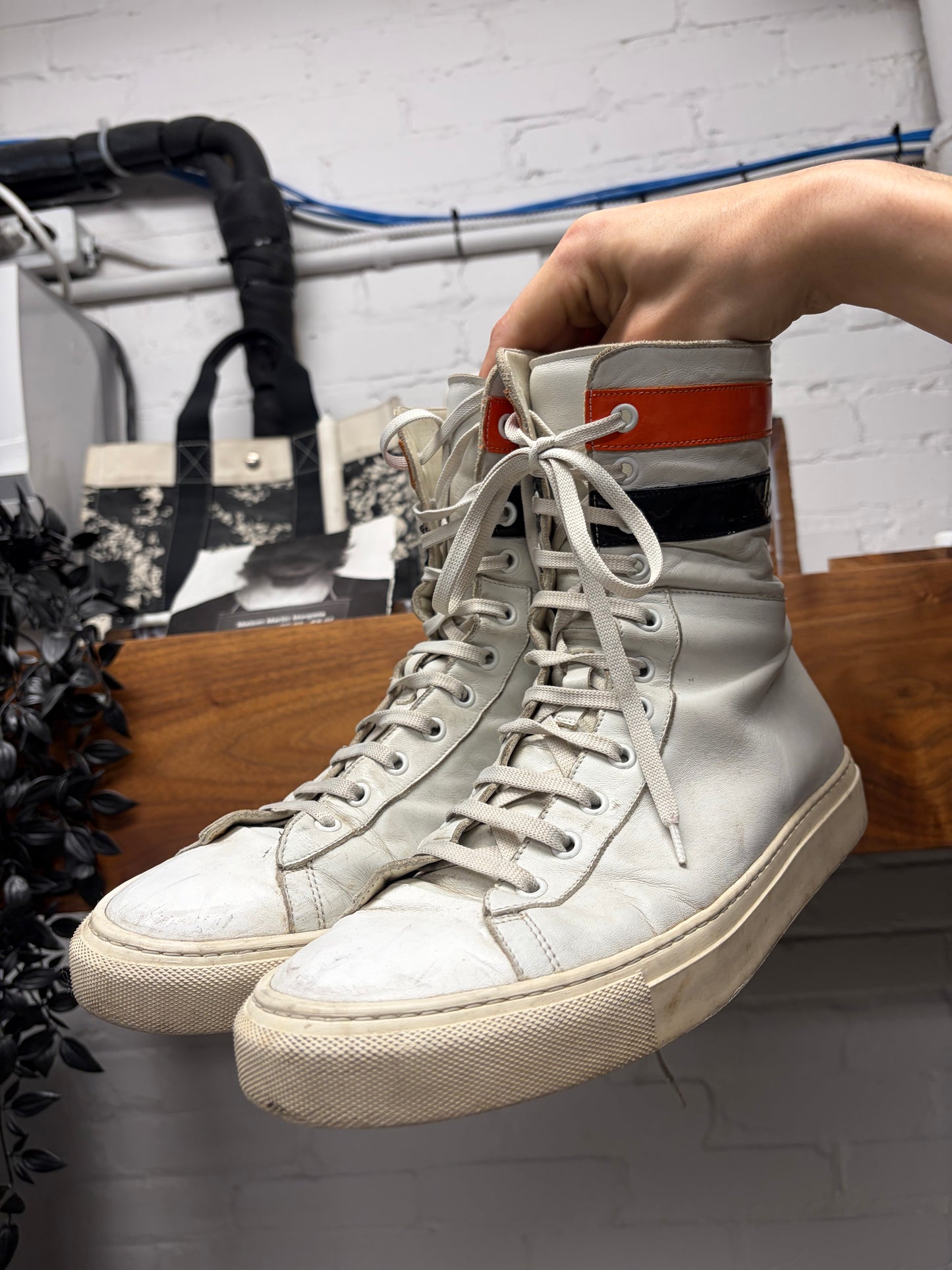 AW2016 Raf Simons White/Orange Striped Leather High Top Sneakers