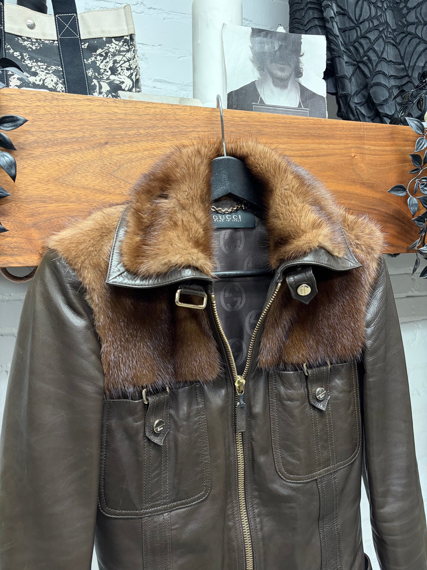 Gucci by Tom Ford Mink Fur/Leather GG Buckle Belted Jacket