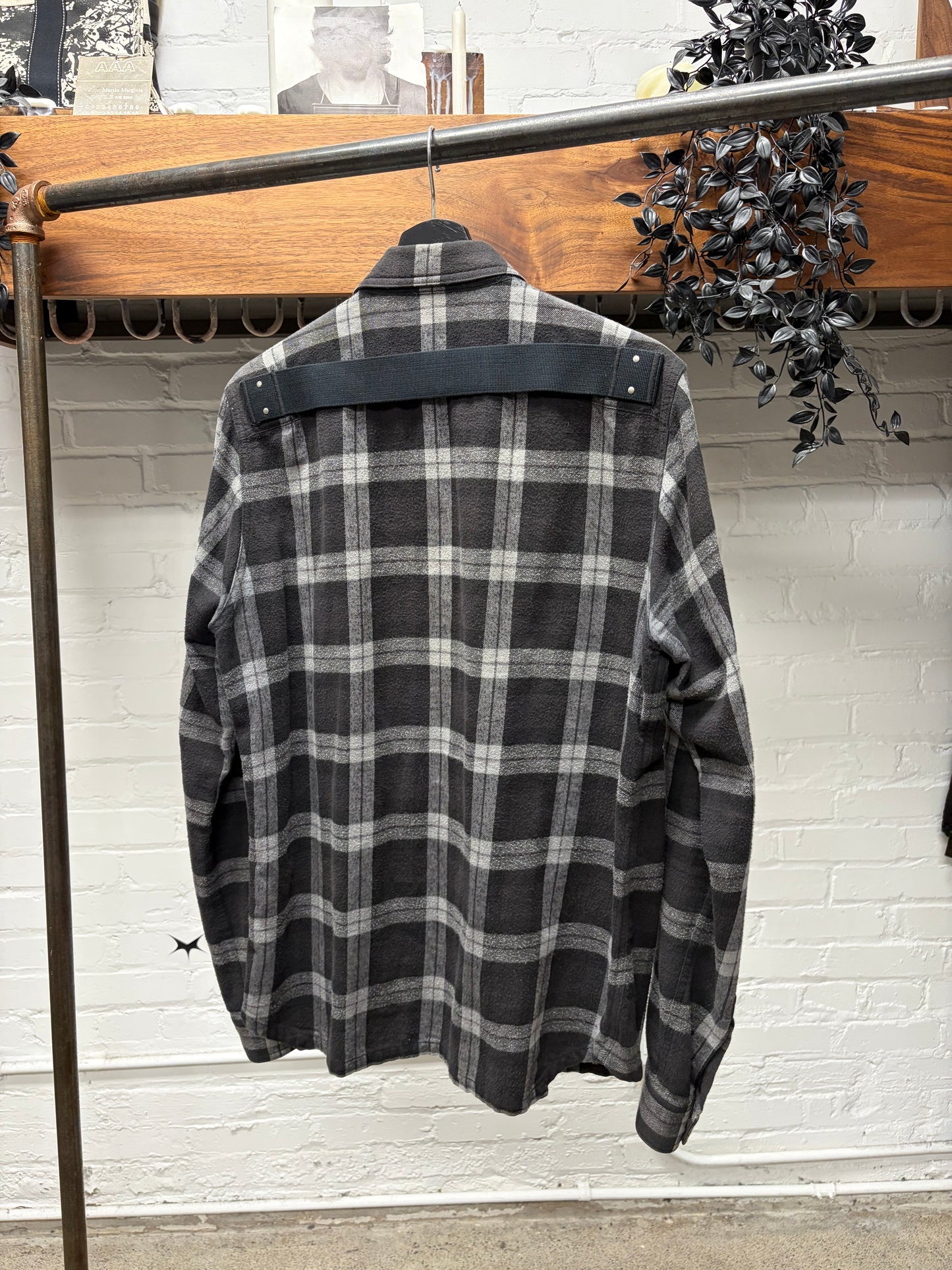 SS2019 Rick Owens ‘Babel’ Plaid Flannel Shoulder-Strap Work Shirt