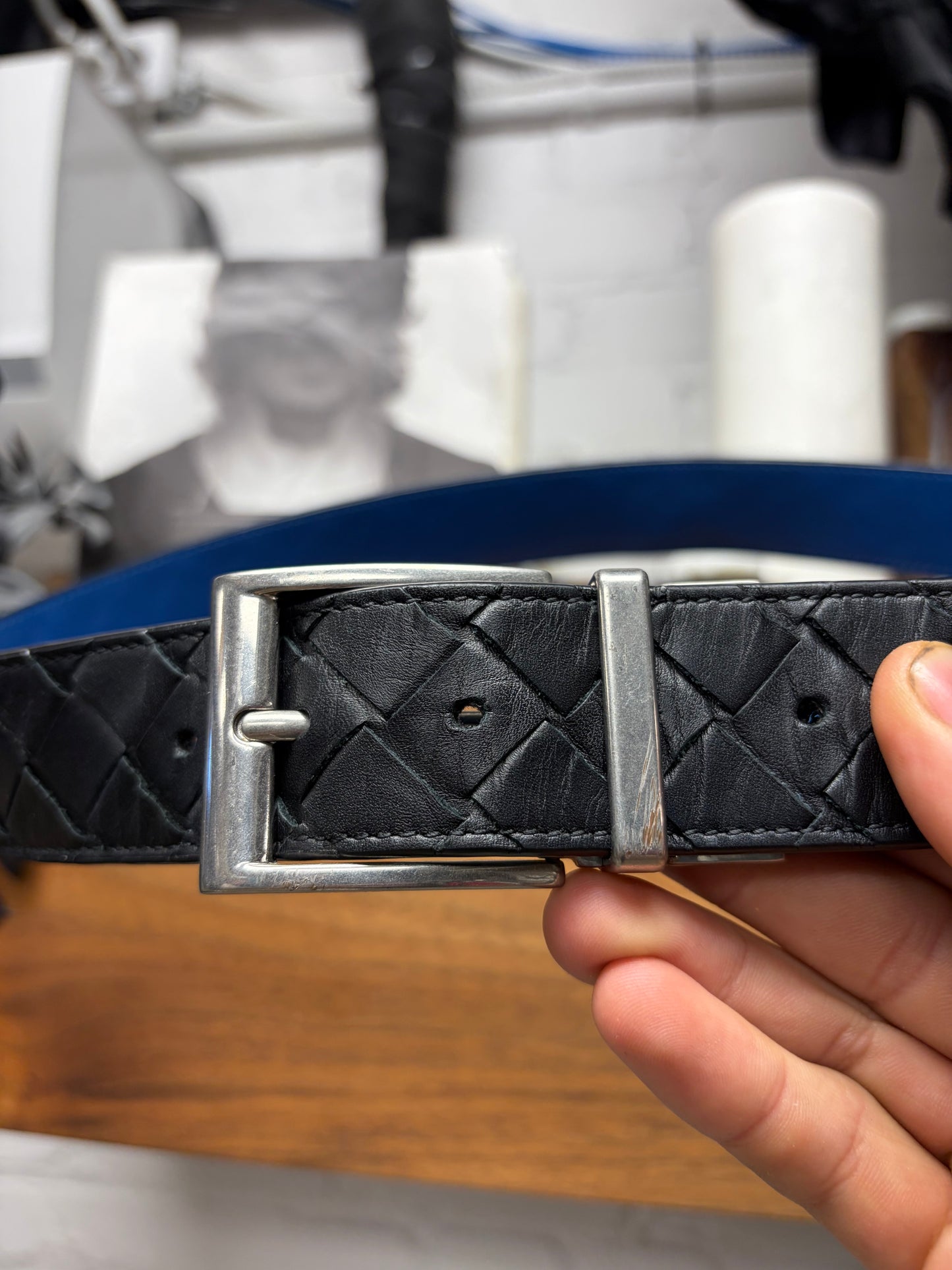 Bottega Veneta ‘Intrecciato’ Woven Black Leather Belt with Blue Interior