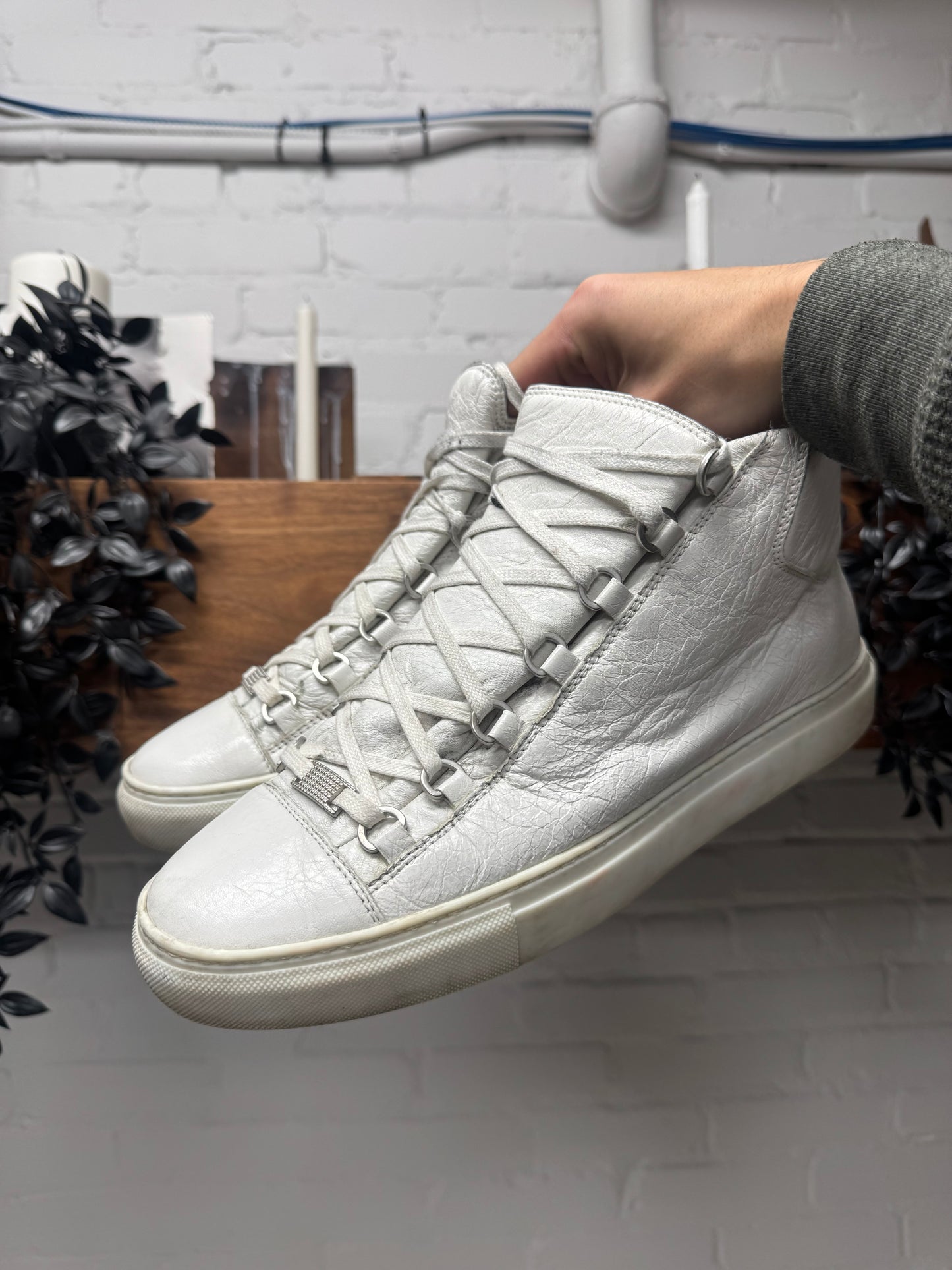 Balenciaga Cream White Leather ‘Arena’ High Top Sneakers