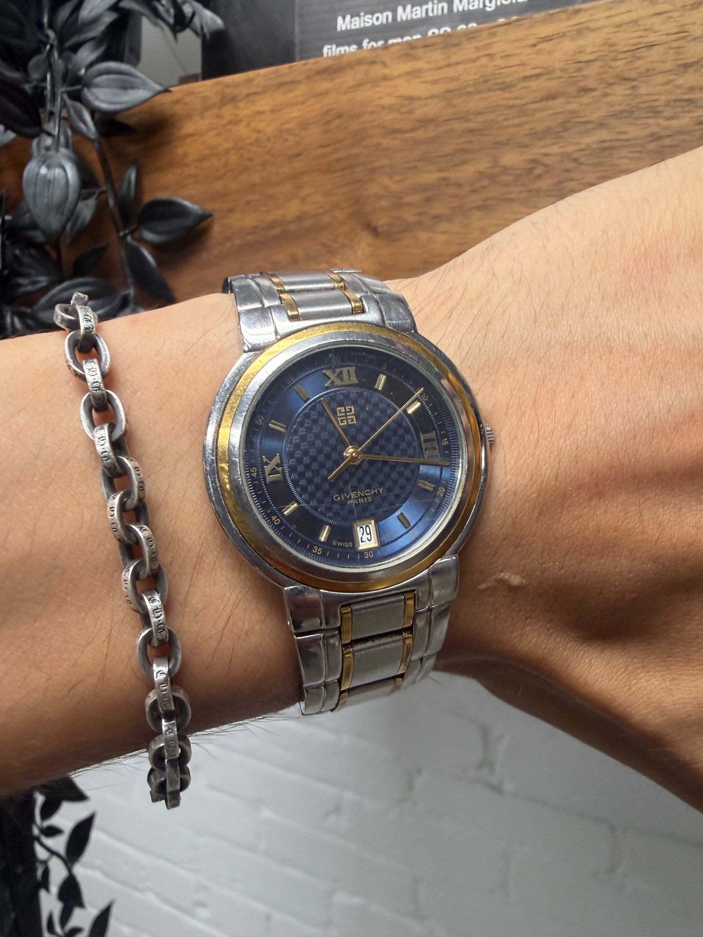 Vintage Givenchy Blue/Gold Dial Silver Analog Watch