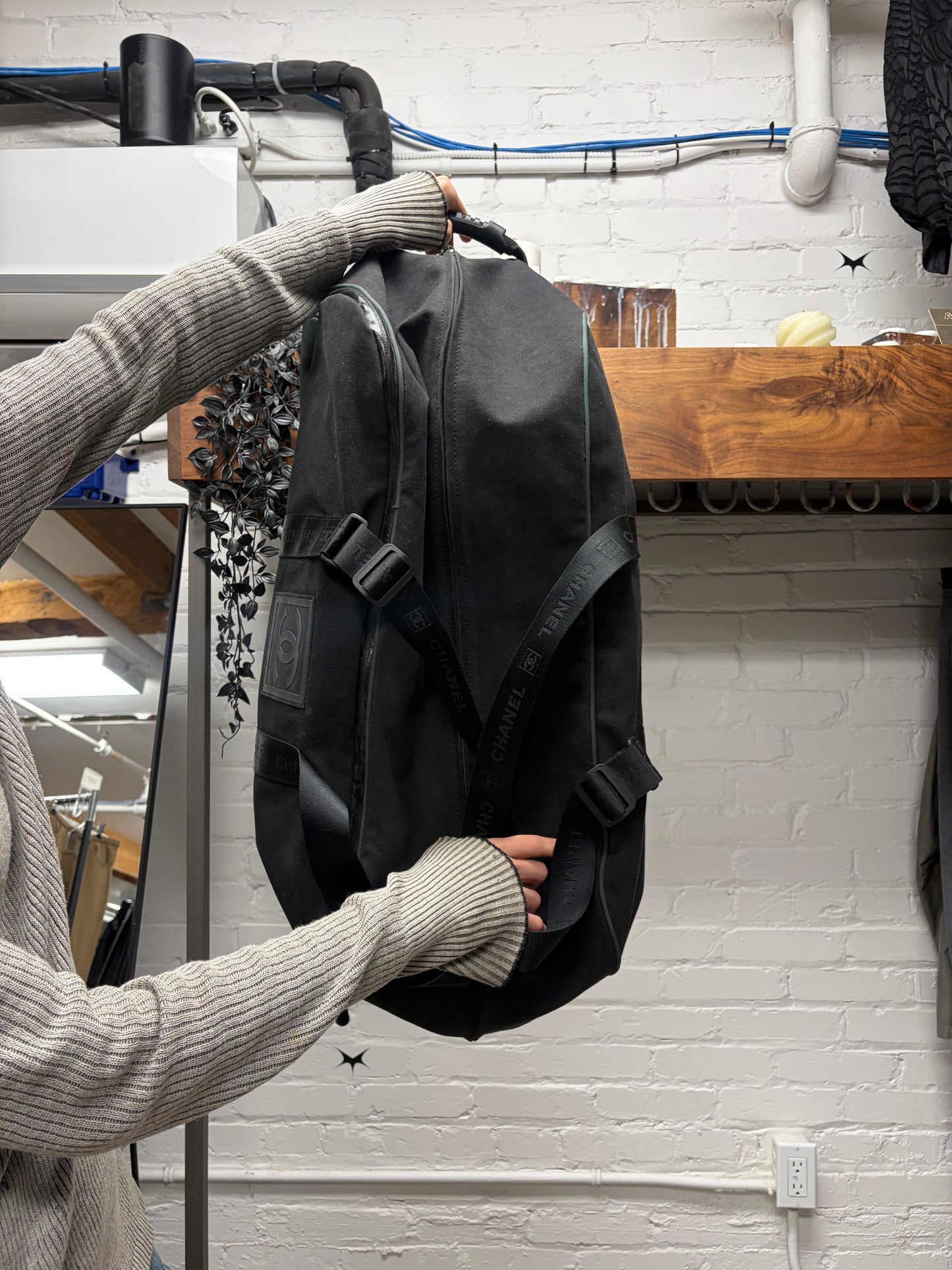 Vintage Chanel Black/Green Canvas Massive Roller Travel Bag