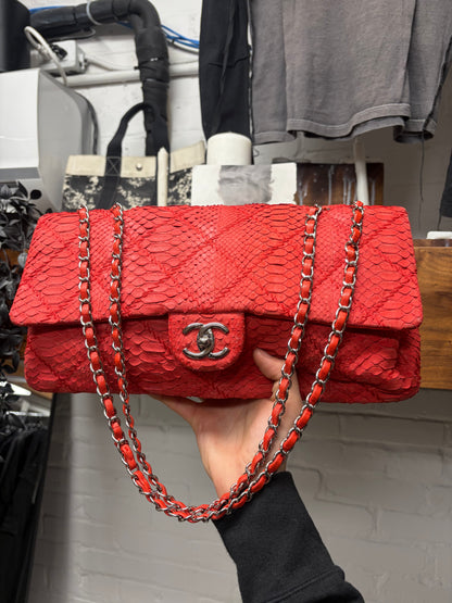 Chanel Red Python Leather Classic ‘Flap Bag’ with Silver Hardware