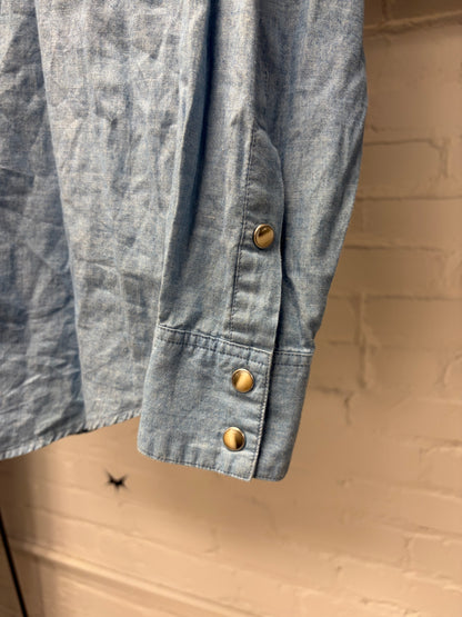 Celine Light Wash Blue Pearl Button Snap Denim Shirt