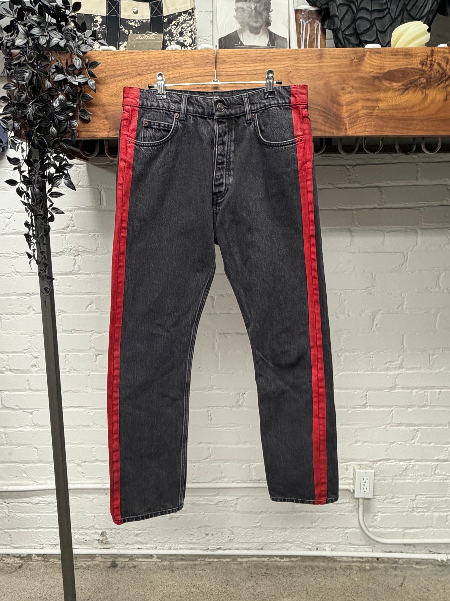2018 Balenciaga ‘Red Stripe’ Washed Grey Skinny Jeans