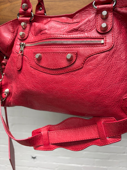 Balenciaga Crimson Red ‘City Bag’ Silver Hardware With Shoulder Strap