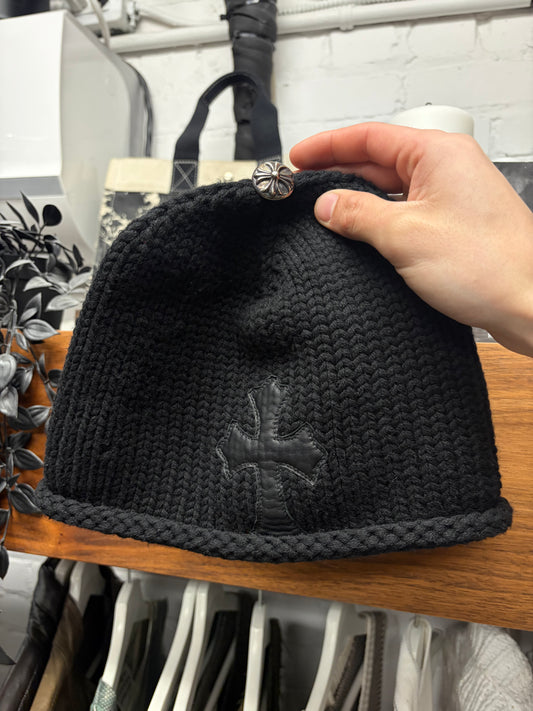 Chrome Hearts Cashmere Black Leather Cross Patch Beanie