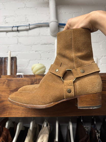 Saint Laurent ‘Wyatt’ Brown Suede Harness Boots