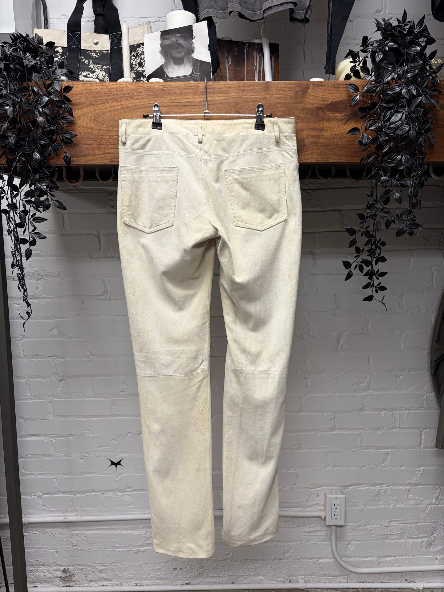 AW2002 Helmut Lang Cream Suede ‘Corset Bondage’ Slim/Straight Leg Leather Pants