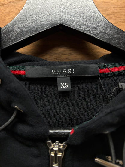 2010s Gucci ‘Stripe Logo’ Ribbed Cuff Black Zip-Up Hoodie