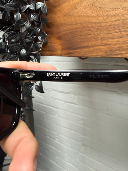Saint Laurent Black/Silver ‘Cursive Logo’ Square Shape Black Tinted Sunglasses