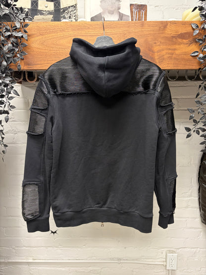 Balmain Distressed Black Zip-Up Hoodie with Pleated Wax Vinyl Repairs