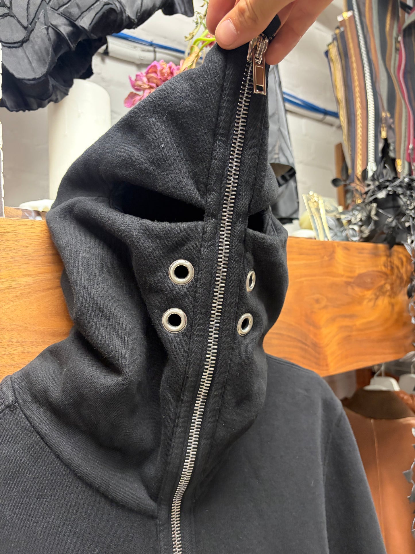 Rick Owens ‘Gimp’ Full Zip Eyelet Cutout Black Zip-Up Hoodie