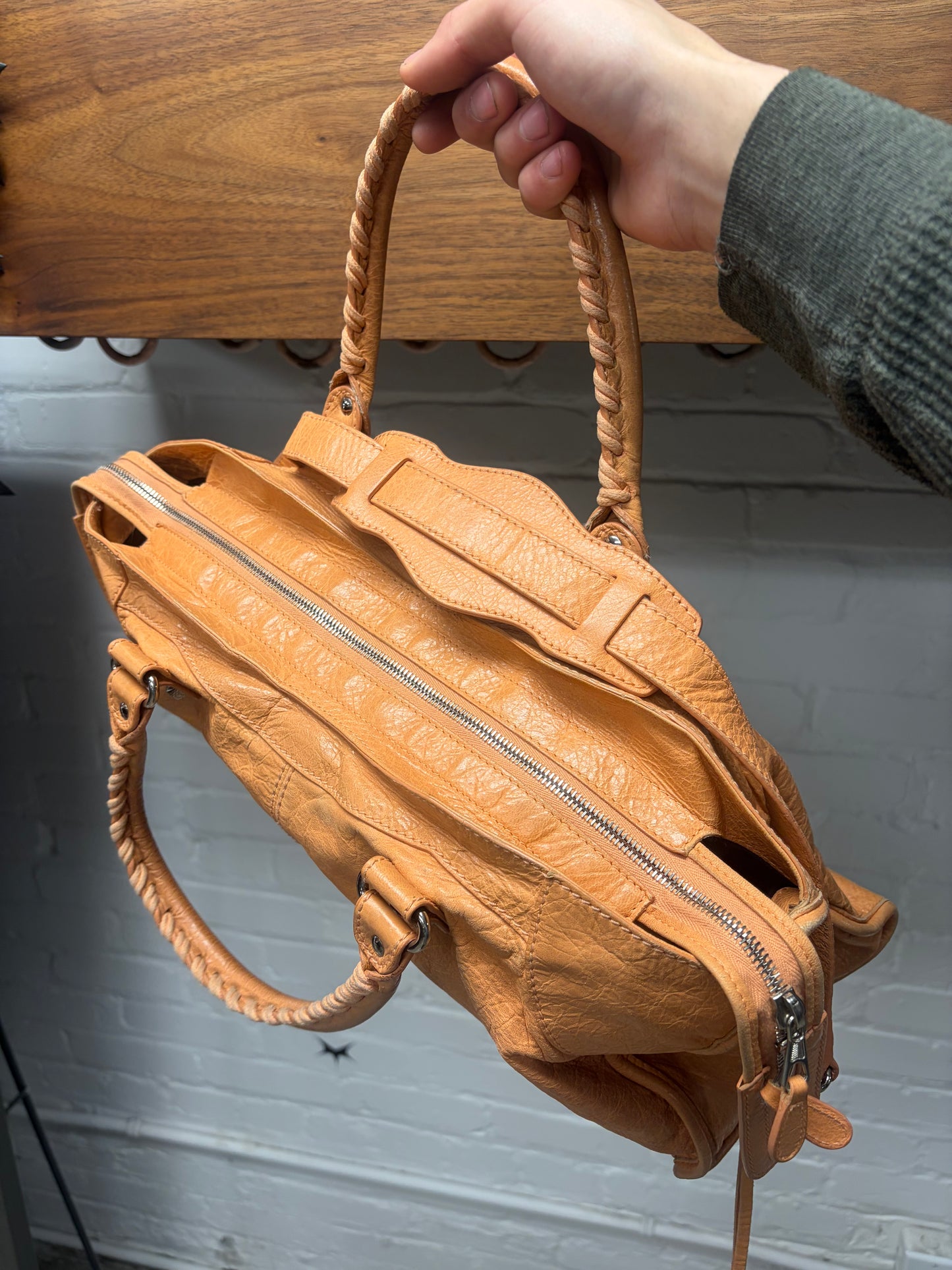 Balenciaga Papaya Orange  Lambskin Leather ‘City Bag’ with Crossbody Strap