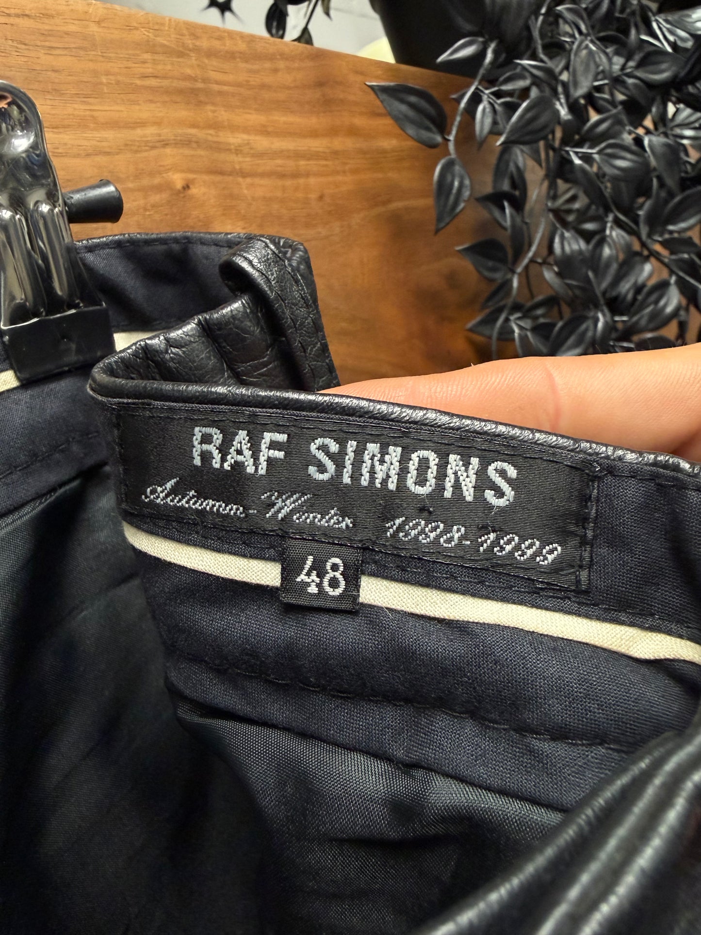 AW1998 Raf Simons ‘Black Palms’ Fringe Pocket Black Lambskin Leather Skinny Pants
