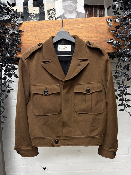 Celine Brown Gabardine Wool Cropped Army Jacket