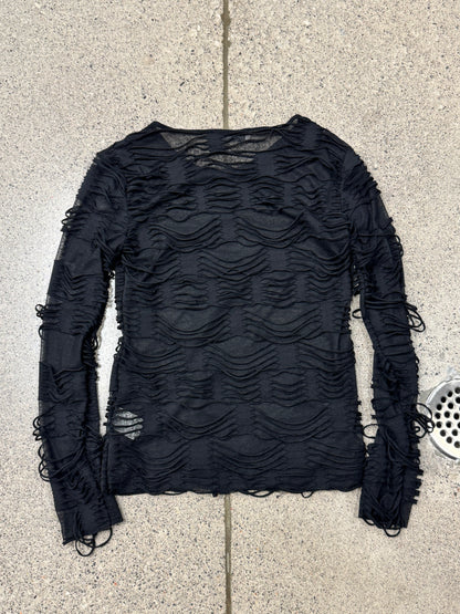 Balmain Loose Gauge Black Distressed Mesh Layered Sweater