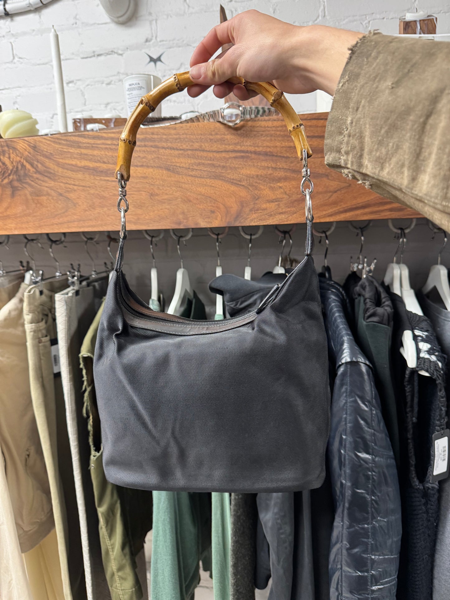 Vintage Gucci Black Nylon/Bamboo Handle ‘Hobo’ Shoulder Bag