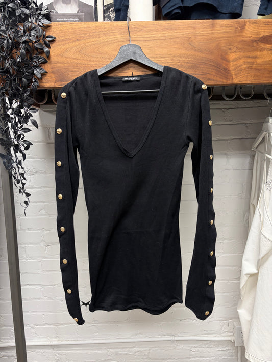Balmain Low V-Neck Black Knit Sweater with Side Button Detailing