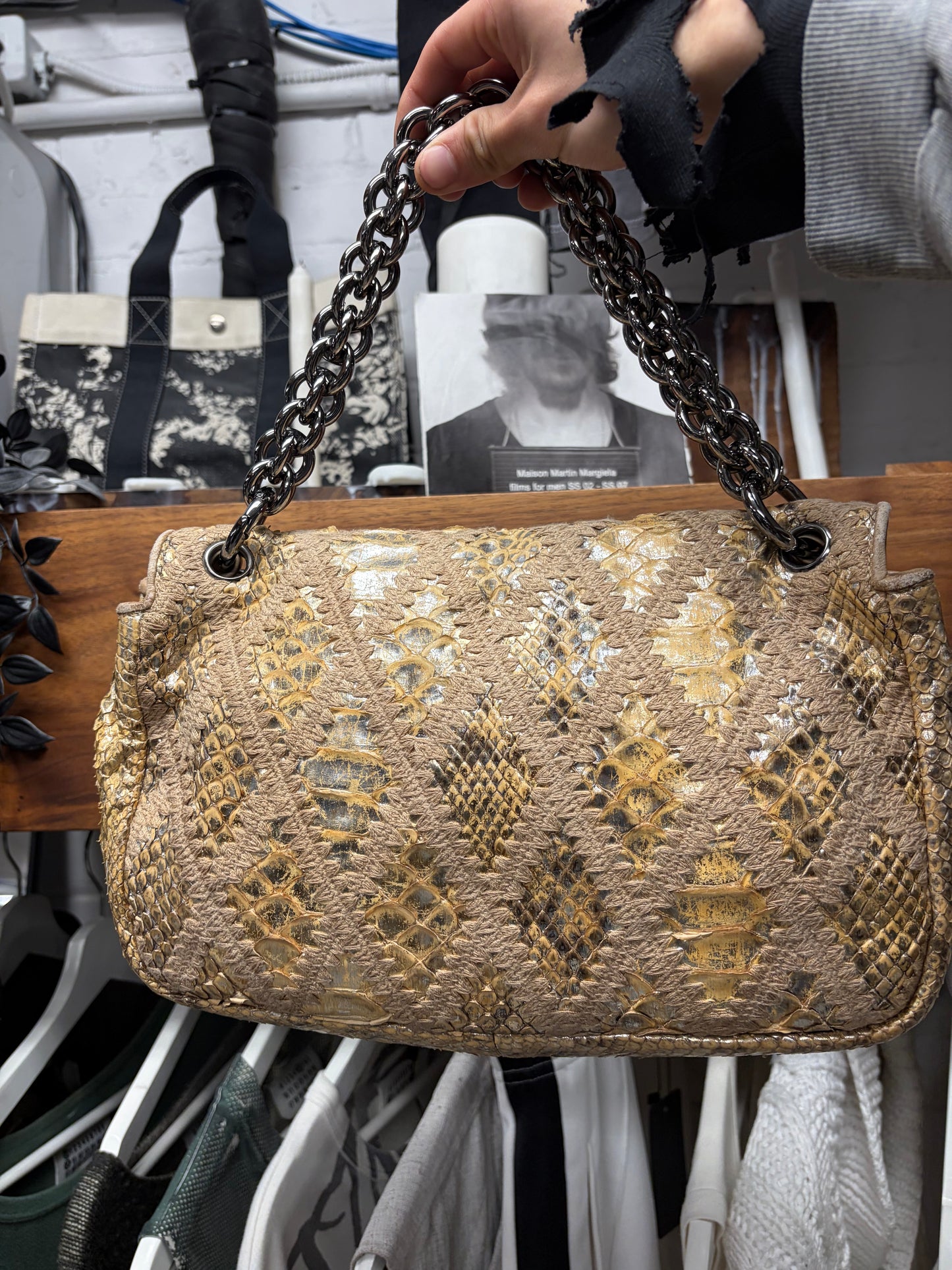 Chanel Genuine Python Leather Gold Crochet Classic Flap Topstitch Shoulder Bag