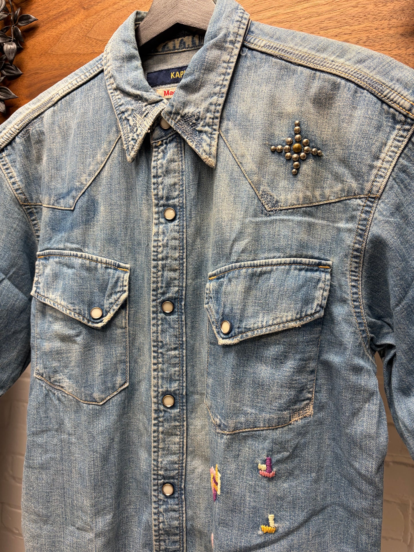 Kapital ‘Sashiko’ Repaired/Studded Blue Denim Button Snap Shirt