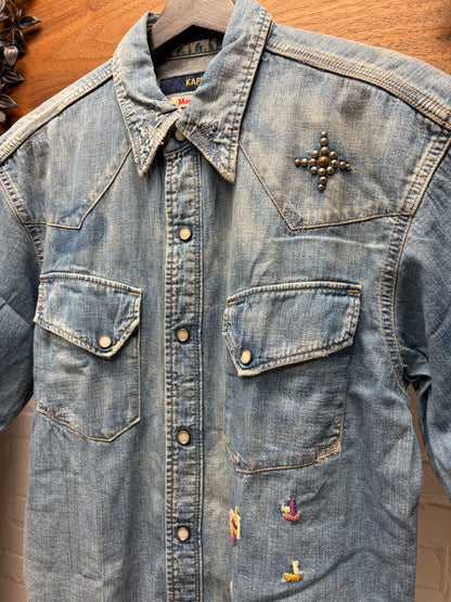 Kapital ‘Sashiko’ Repaired/Studded Blue Denim Button Snap Shirt