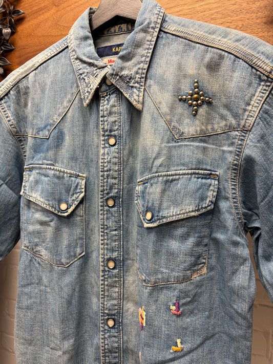 Kapital ‘Sashiko’ Repaired/Studded Blue Denim Button Snap Shirt