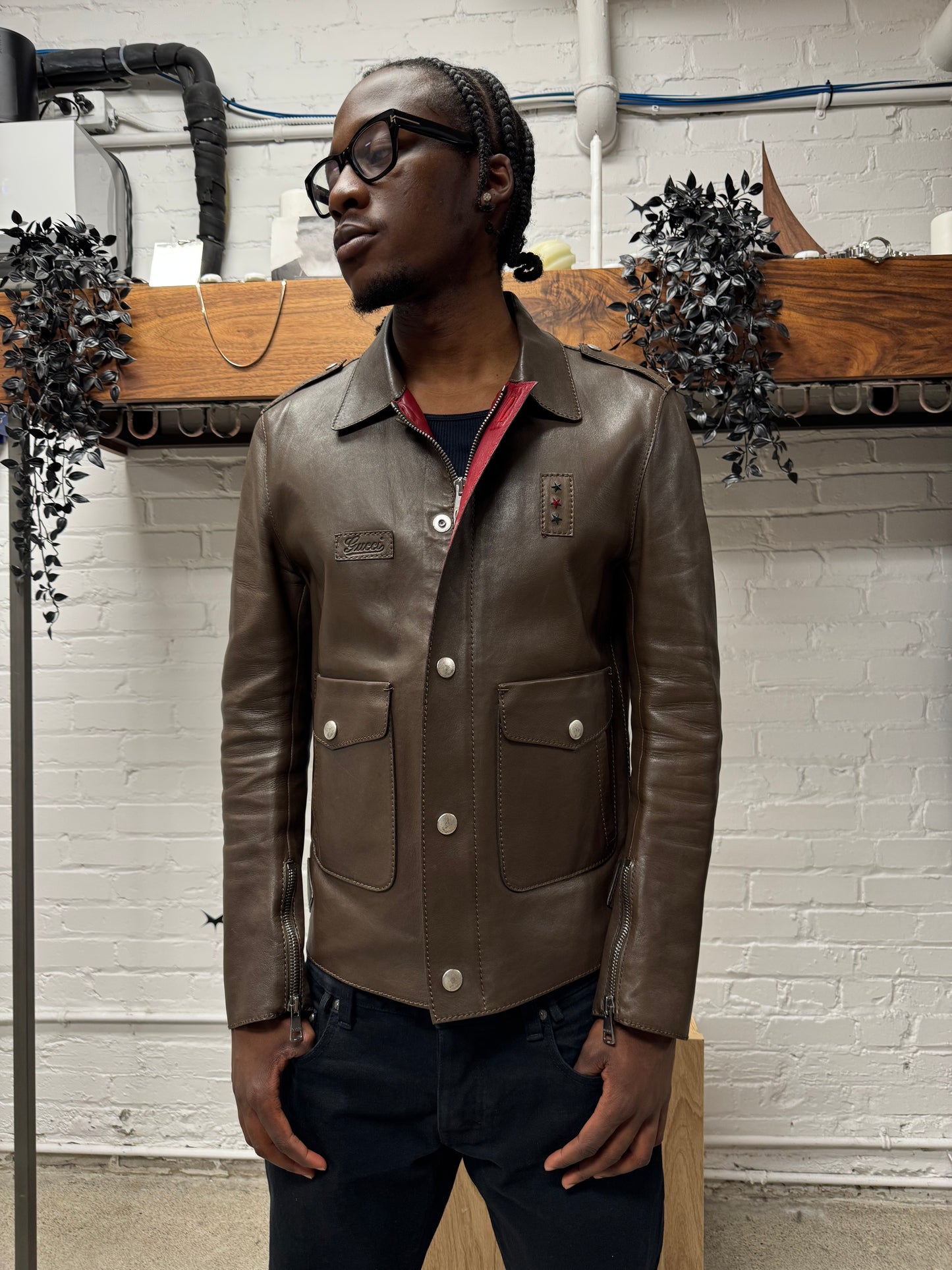 Gucci by Tom Ford Military Inspired Brown Lambskin Leather Field Jacket