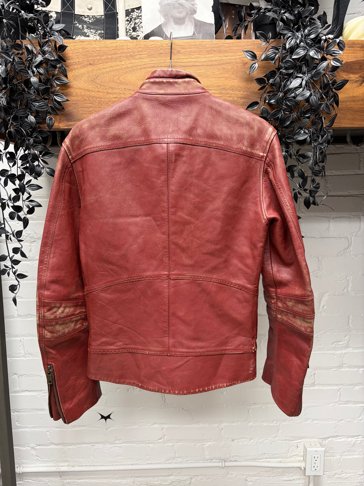 Marc Jacobs Mainline Aged Red Calfskin Leather Moto Jacket