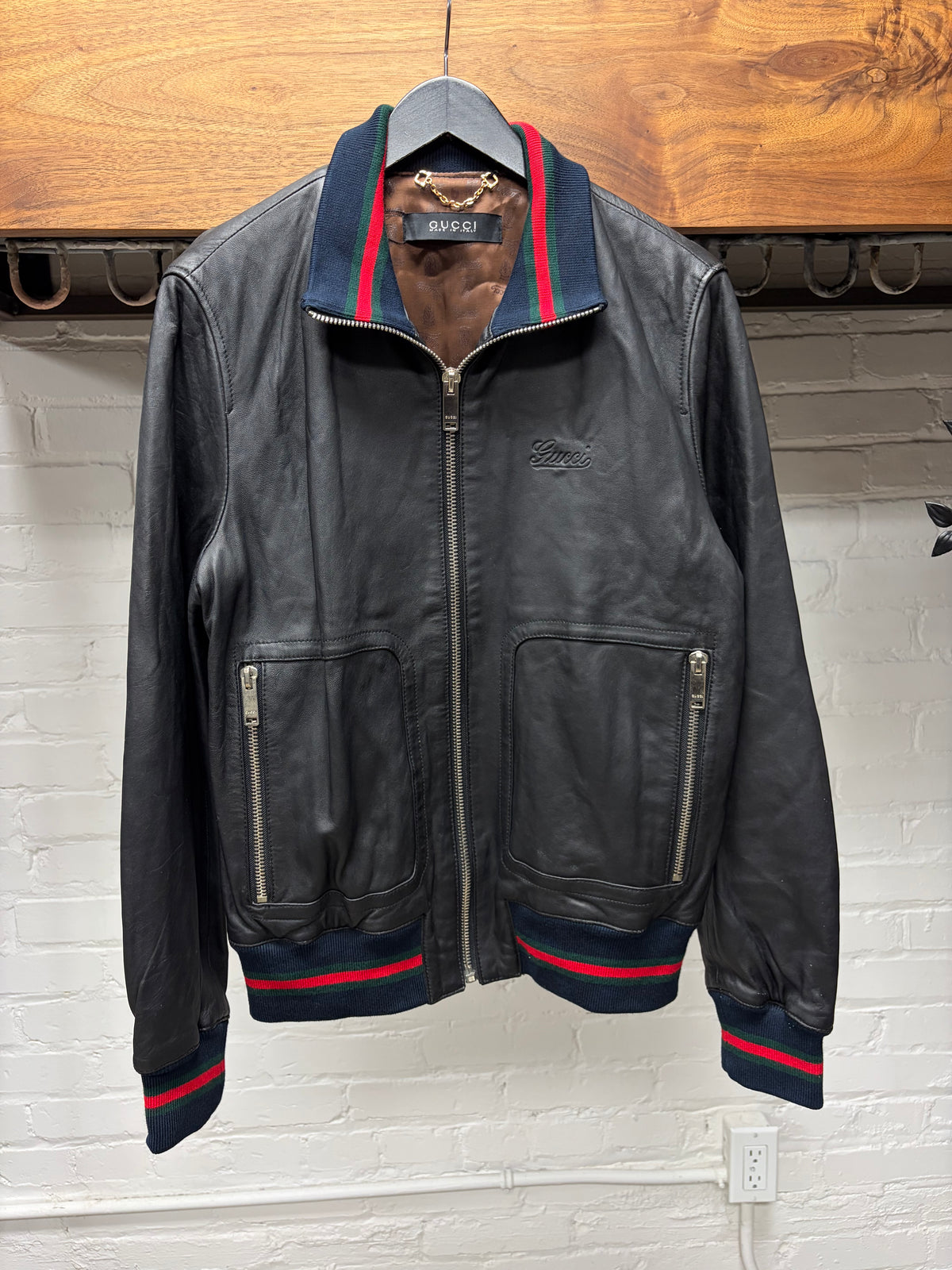 2000s Gucci Embossed ‘Cursive Logo’ Leather Jacket with Stripe Branded Ribbing