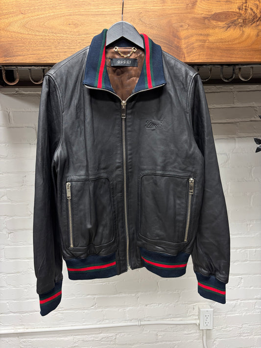 2000s Gucci Embossed ‘Cursive Logo’ Leather Jacket with Stripe Branded Ribbing