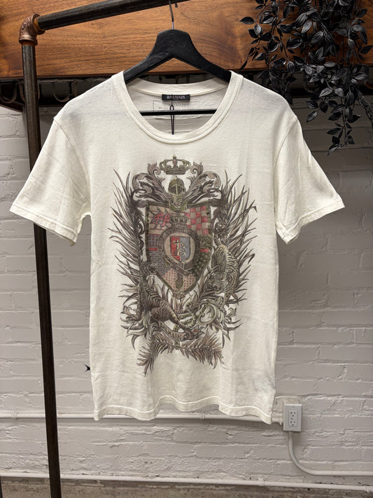 SS2016 Balmain ‘Thorn Crest’ White Logo Graphic T-Shirt
