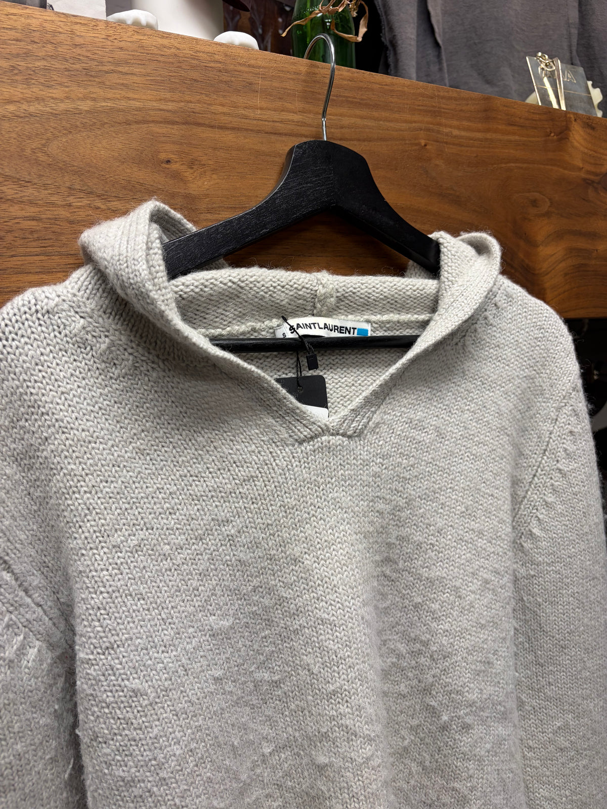 2000s Saint Laurent Cream Knit Pullover Hoodie with Relaxed Collar Shape