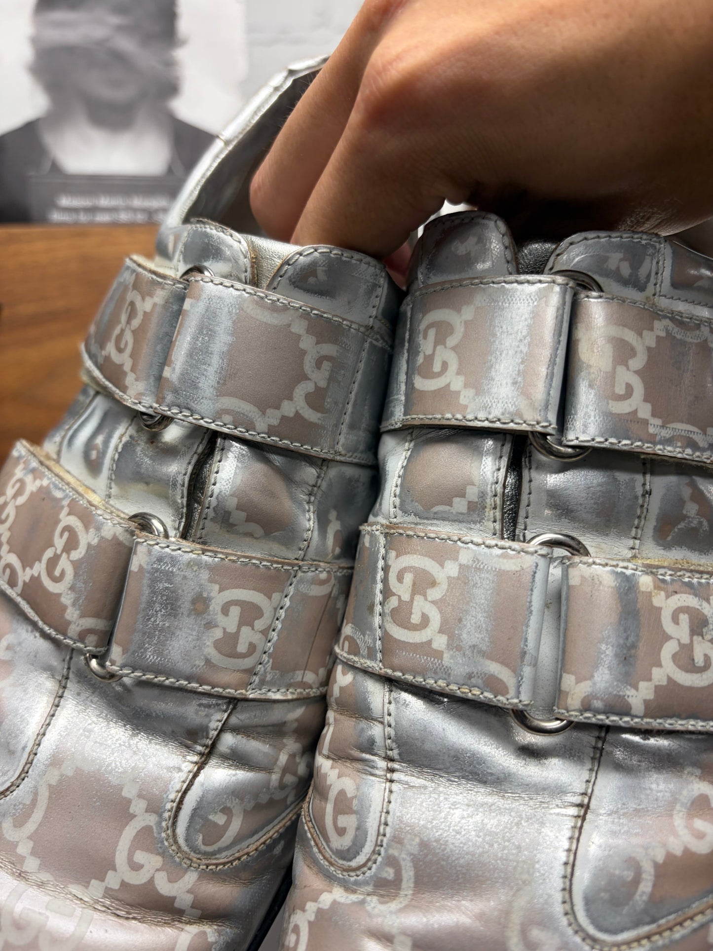 Vintage 2000s Gucci ‘Metallic Silver’ Monogram Leather Velcro Strap Sneakers