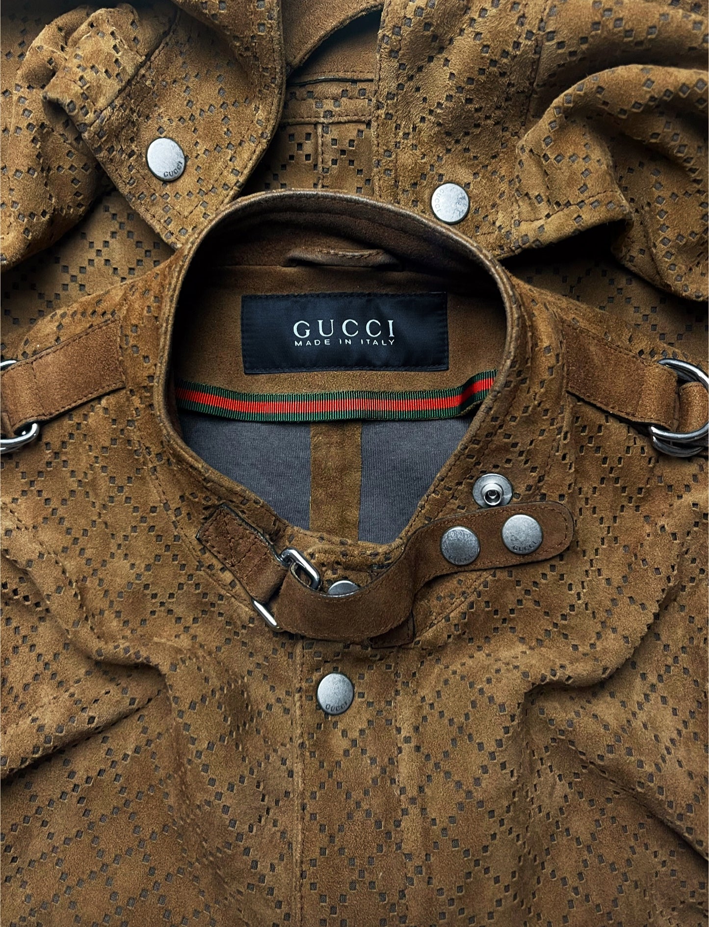 2000s Gucci ‘Diamante’ Perforated Brown Suede Biker Jacket