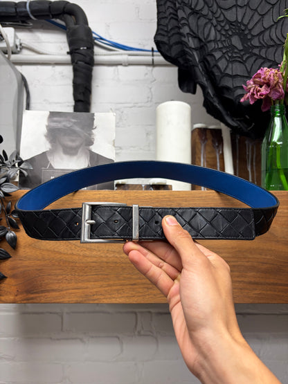 Bottega Veneta ‘Intrecciato’ Woven Black Leather Belt with Blue Interior