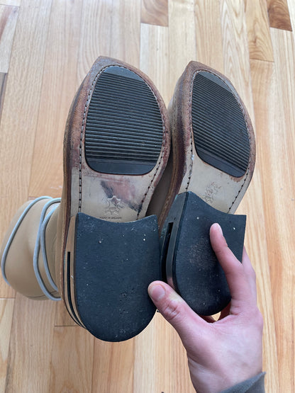 Dirk Bikkembergs Knee High ‘Bungee Cord’ Wraparound Brown Leather Metal Heel Boots.